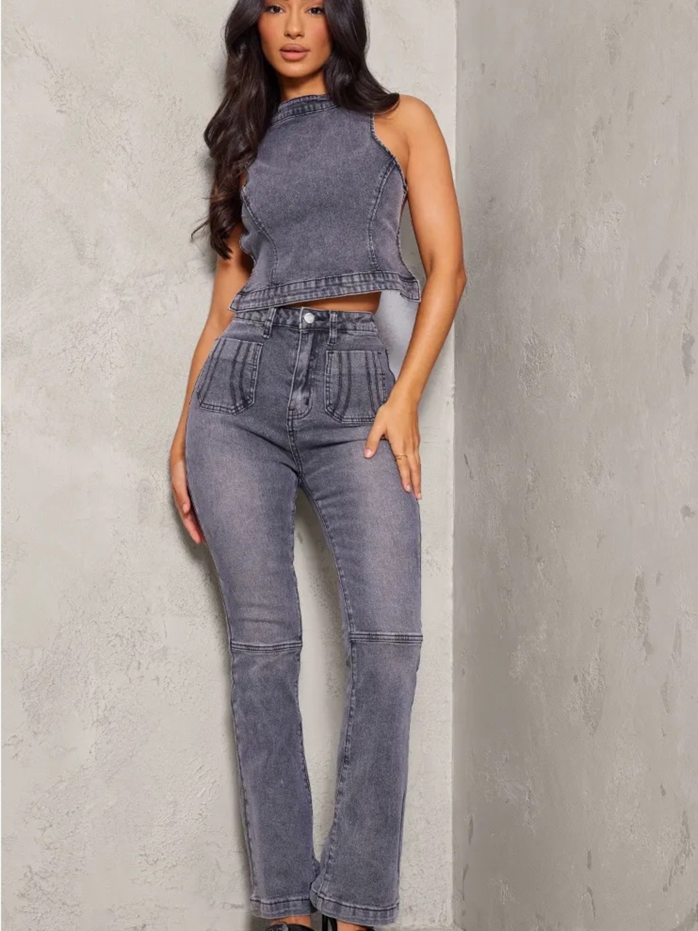 PrettyLittleThing Washed Grey High Waist Jeans and top set